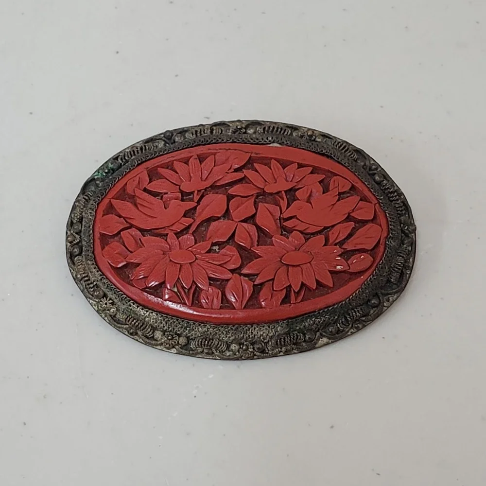 Vintage Chinese Carved Cinnabar Brooch Birds And Flowers Setting Filagree